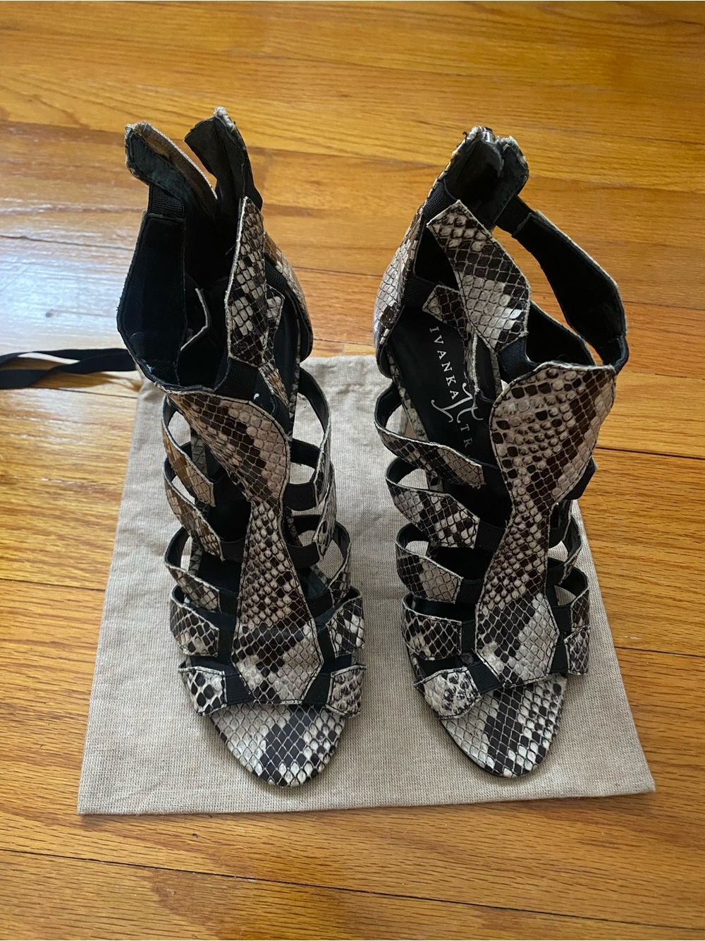 Ivanka Trump Black and Cream Snakeskin Cutout High Heel Sandals